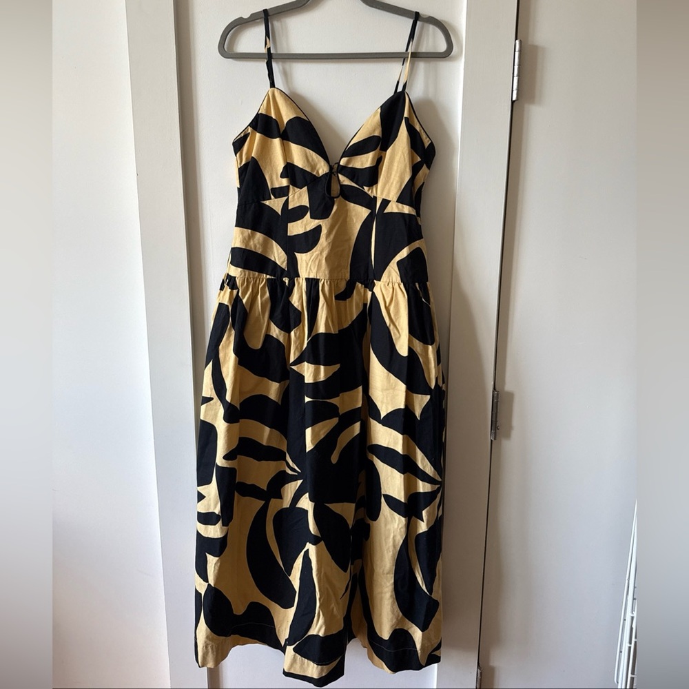 $345 Mon Renn Surreal Midi Dress Black Tan Print Tropical Linen Size M/6 UK 10